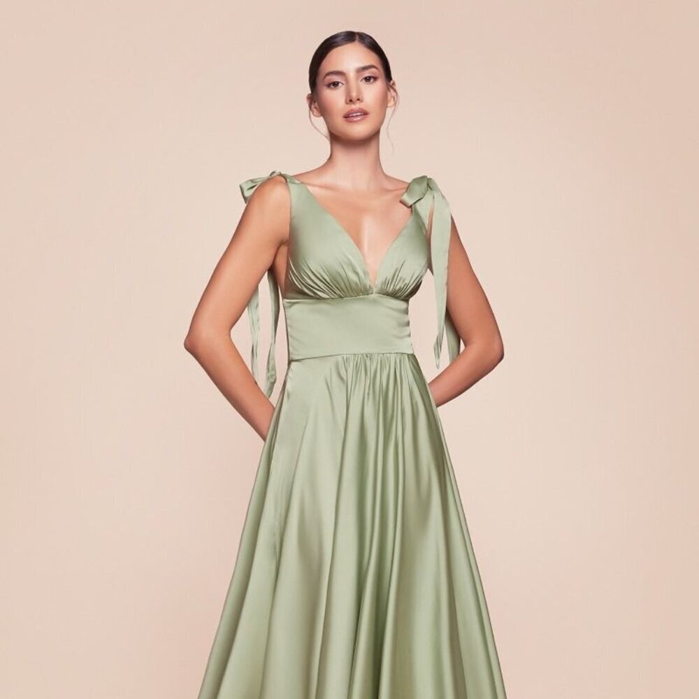 NEW FORMAL SLEEVELESS SATIN MIDI GOWN W/ TIE STRAPS & GATHERED WAISTLINE CD 7499